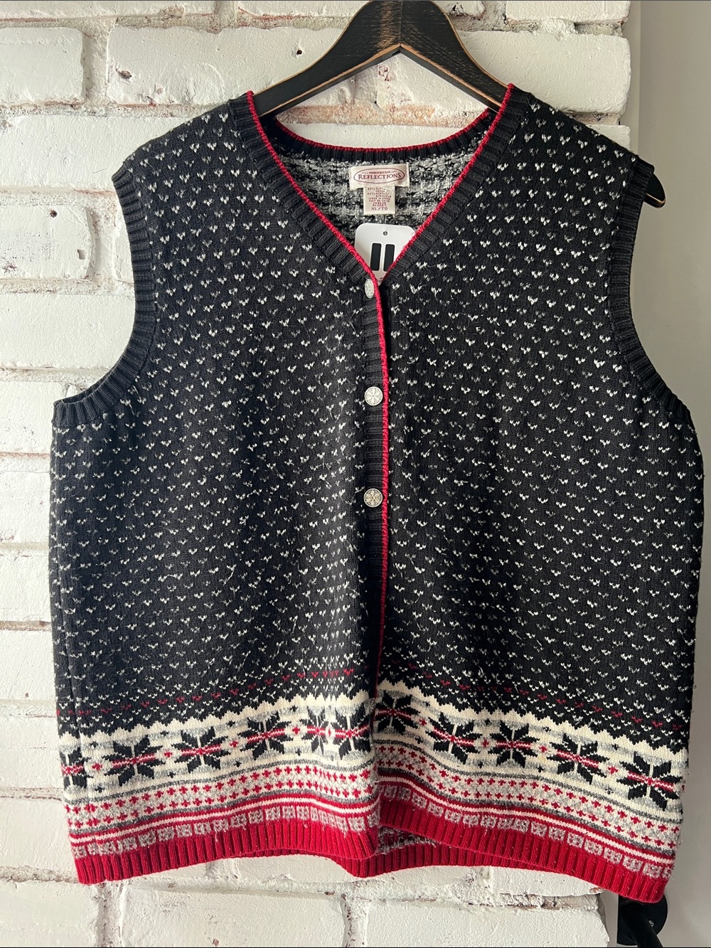 Northern Reflections Black Knit Fair Isle Vest with Red Trim